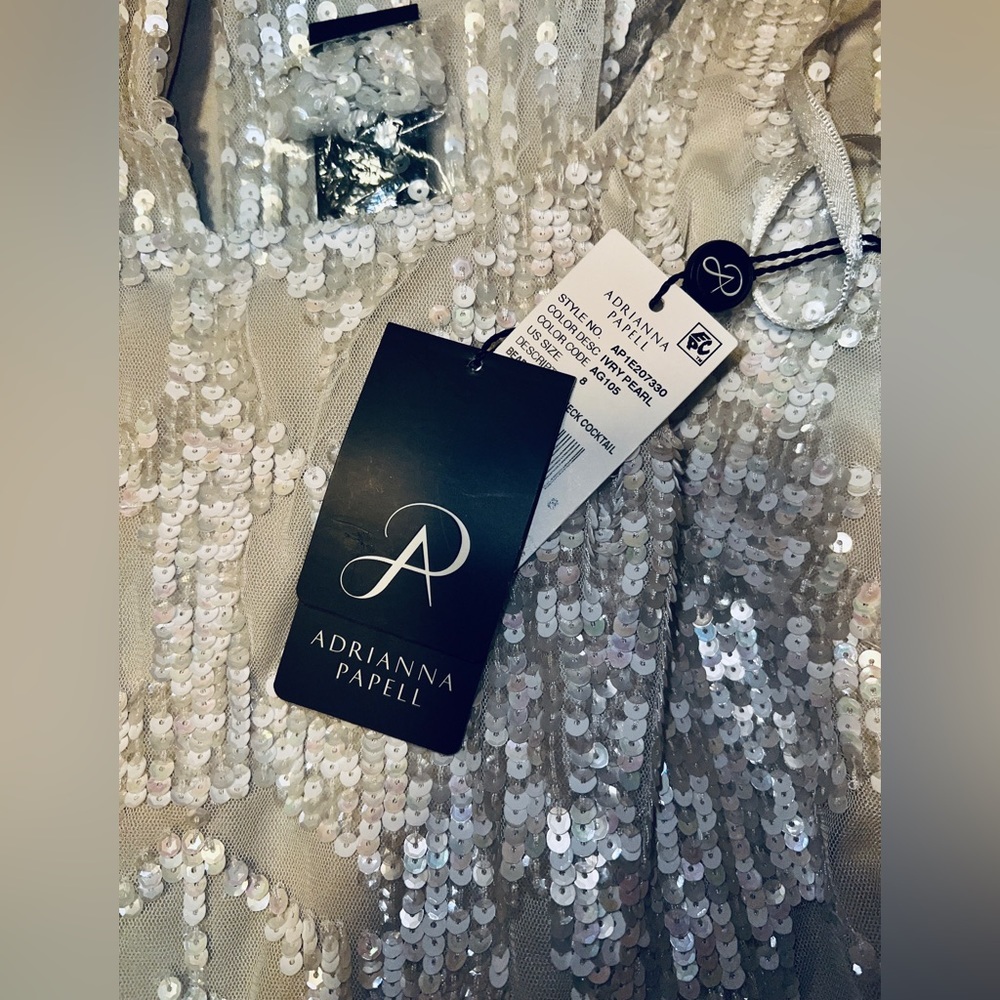 👗 NWT! Adrianna Papell White Holographic Multi Color  Sequin Dress - Picture 7 of 9